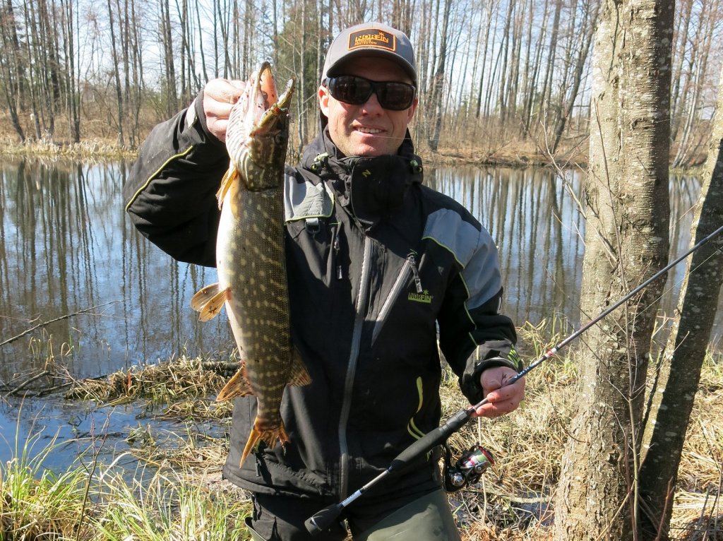 Довольный рыболов поймал щуку спиннингом весной