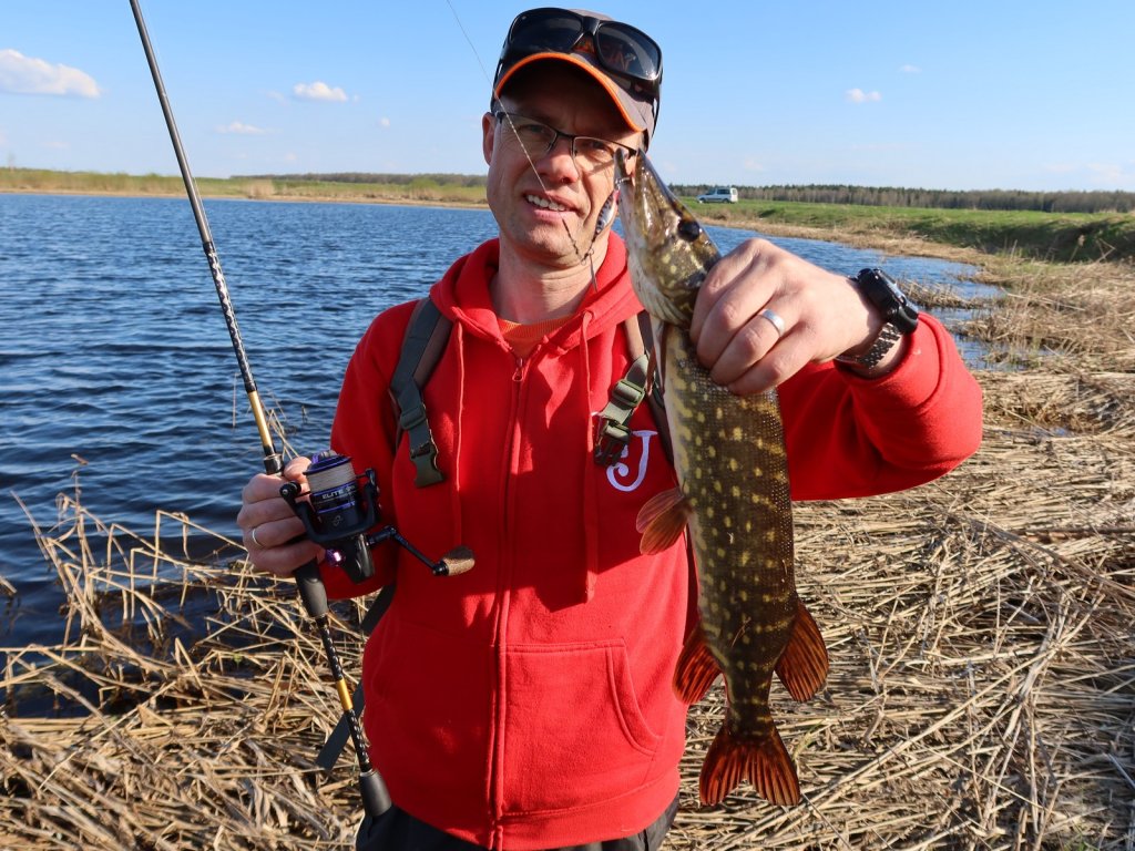 Валерий Сикиржицкий поймал щуку с берега на вертушку