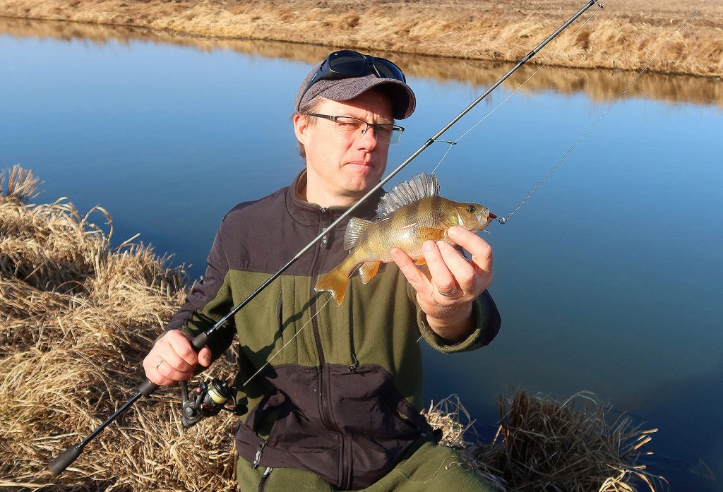 Валерий Сикиржицкий с весенним окунем на канале