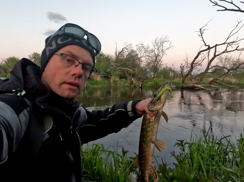 Рыболов поймал щуку в речном коряжнике Рыболов поймал щуку в речном коряжнике