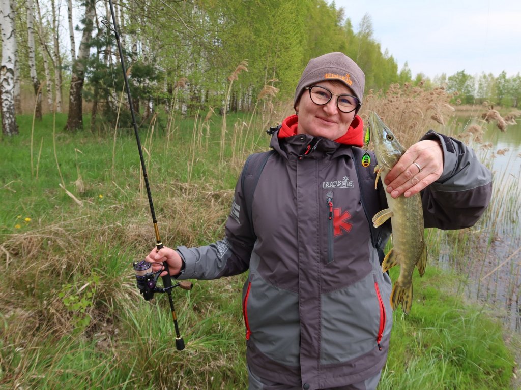 Довольная рыбачка поймала весной щуку на кислотную вертушку