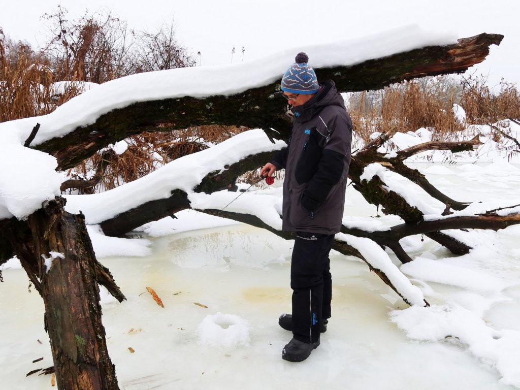 Рыболов ловит зимой в коряжнике