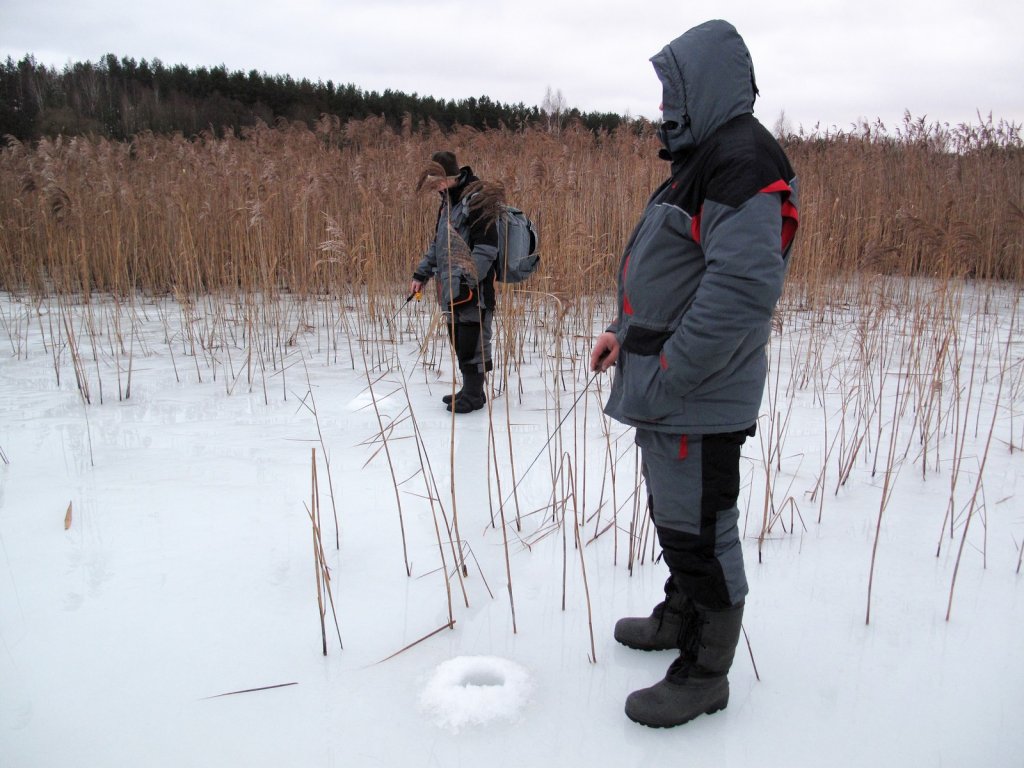 Рыболов ловят зимой в тростнике Рыболов ловят зимой в тростнике
