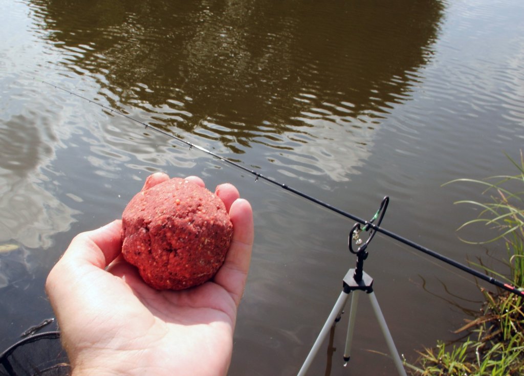 Шар прикормки в руке и фидерное удилище