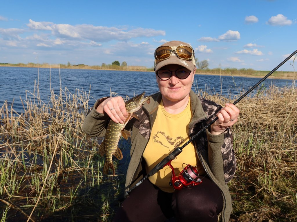 Рыбачка поймала щуку на вертушку