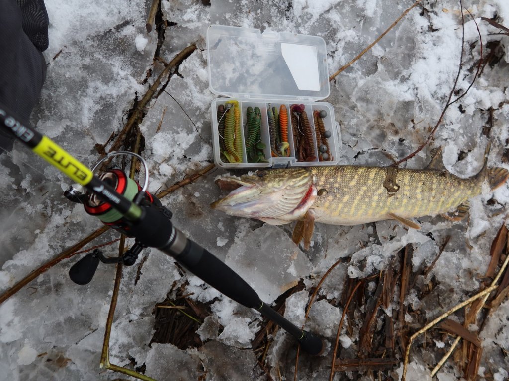 Спиннинг, щука и коробка с приманками зимой