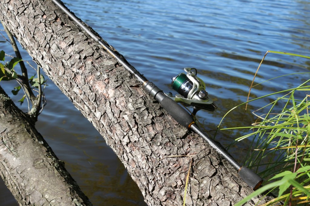 Спиннинг лежит на дереве над водой