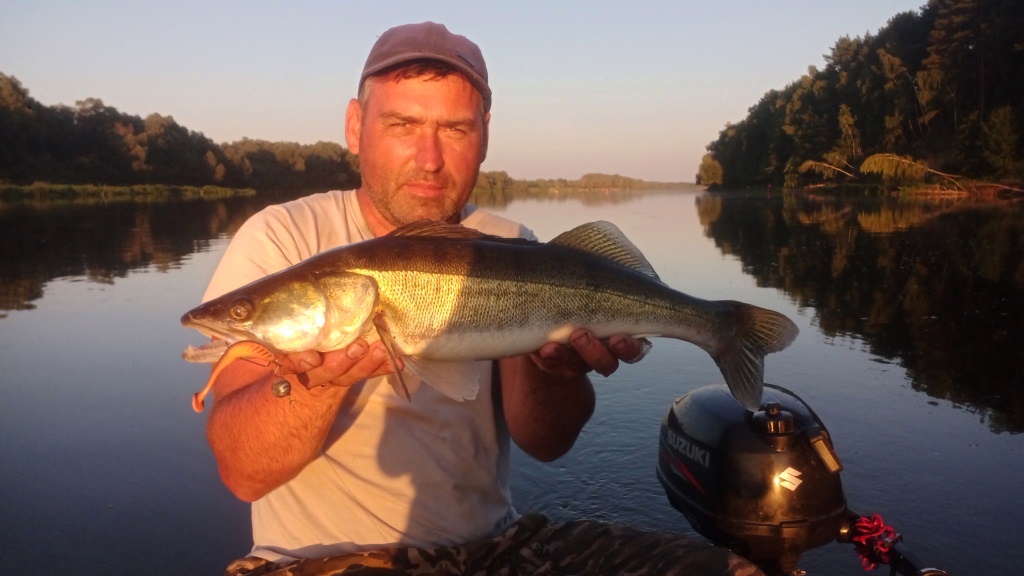 Рыбак утром с пойманным на песчаной косе судаком