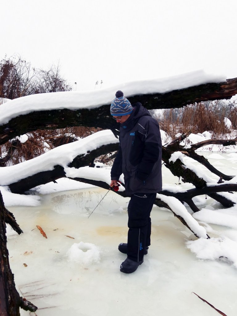 Рыболов ловит в коряжнике со льда