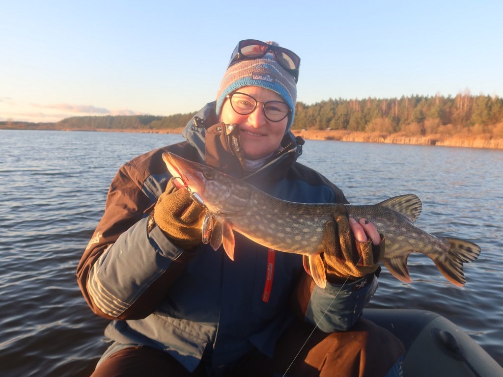 Рыбачка поймала щуку на серебристую вертушку